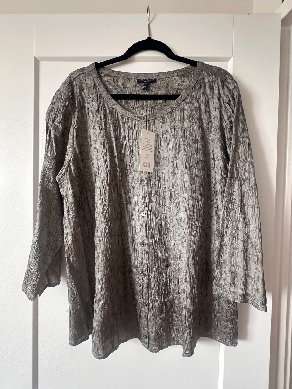 Eileen Fisher Crinkled Silk Button-Front Blouse — Metallic Pewter/Gray